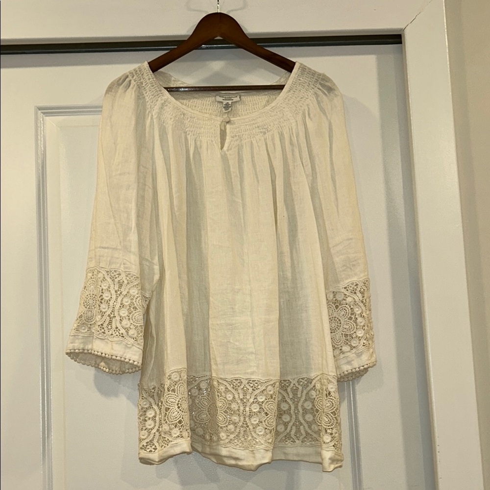 Charter Club Cream Embellished Blouse with 3/4 Sleeves